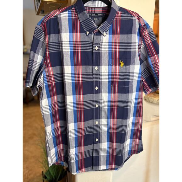 US POLO ASSN. Men's RED WHITE AND BLUE PLAID MADRAS WOVEN SHIRT Large - Picture 2 of 6